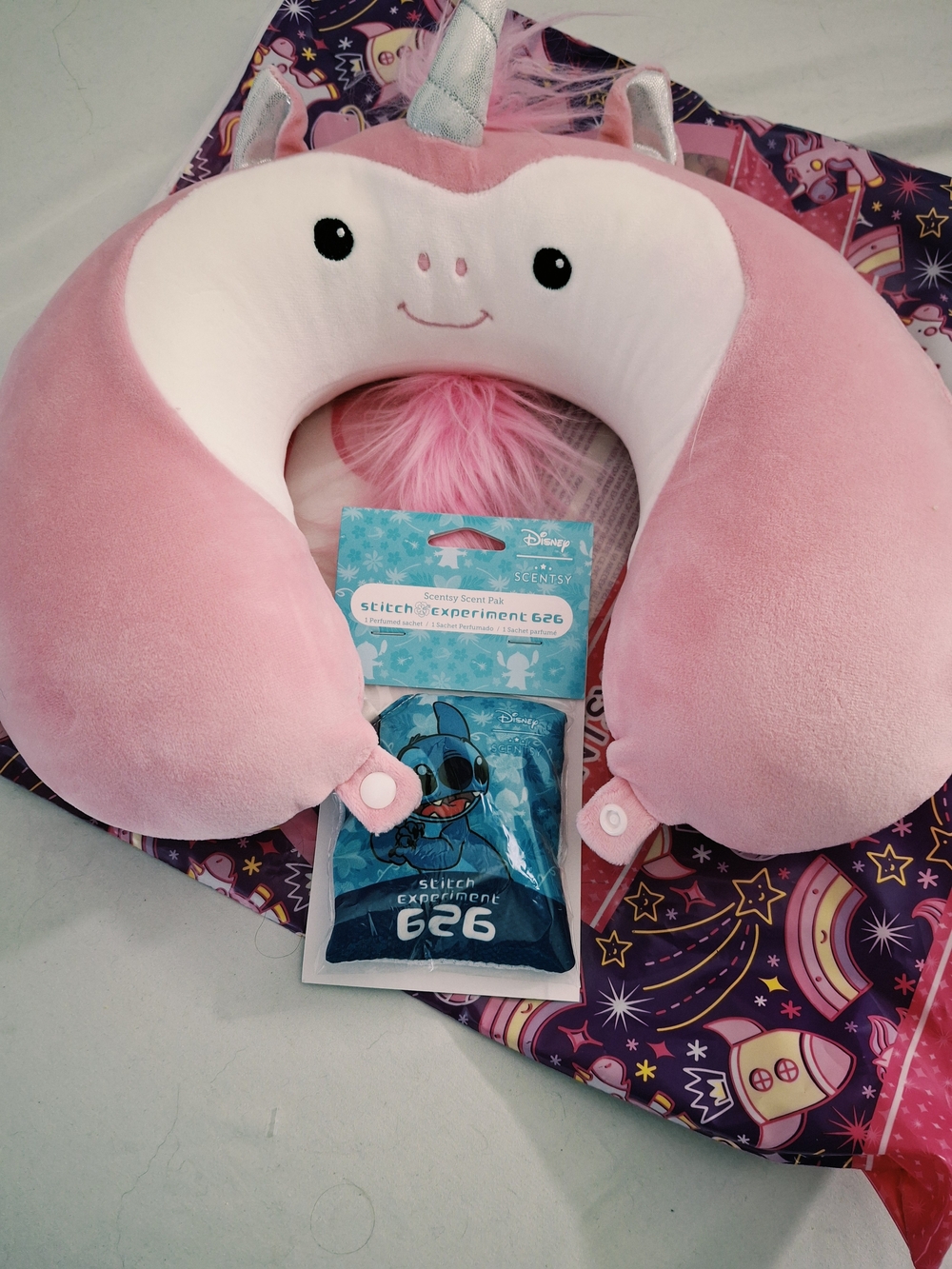 Scentsy NWT Pink Unicorn Kids Travel Neck Pillow /disney Lilo &Stitch Scent Pak.